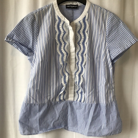 Karl Lagerfeld Blouse White And Blue Striped Ruffle Button Up Size Medium - Picture 1 of 9
